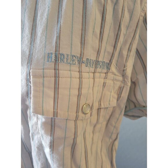 Harley-Davidson White Striped Short Sleeve Pearl Snap Button Down Top Size M - Picture 3 of 11